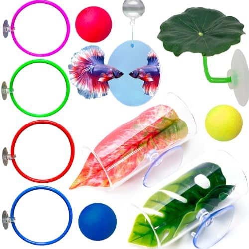 11pcs Betta Fish Enrichment Toys Fish Hideout Betta Hoop Exercise Rings Floating Mirror Balls Tank Feeding Rings Training Ring Feeder Hammock Acrylic Tube Breeding Aquarium Decor Accessory