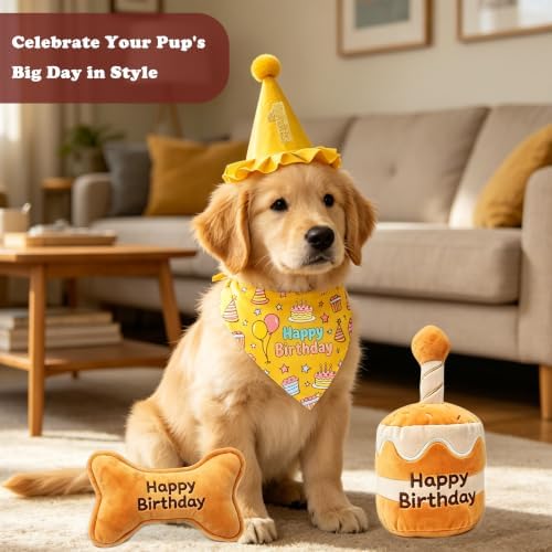 Xymoso Dog Birthday Gift Set,4 Pack Dog Birthday Interactive Squeak Toys Puppy Bandana Hat with Numbers Party Supplies for Small Medium Dogs