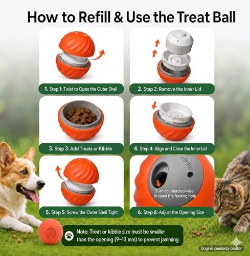 Automatic Rolling Treat Dispensing Pet Ball, Interactive Leaking Food Pet Toy, Dual Mode Rechargeable Puzzle Feeder for Small Medium Dogs & Indoor Cats（2.83In,0.36lb,Orange）