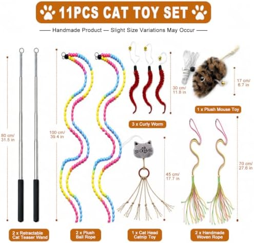 Interactive Cat Wand Toy Set for Indoor Cats, 2 Retractable Teaser Wands with Extra Long String, Handmade Sisal Rope Toys, Worm Refills, Catnip Mouse,11Pack