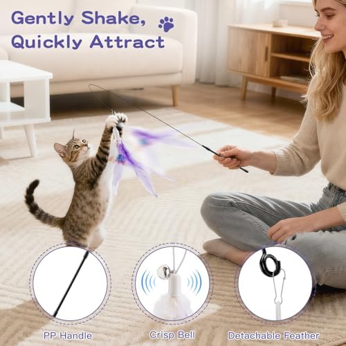 Pawaboo Cat Feather Wand Interactive Toy, 2 Feathers + 1 Wand with Bell