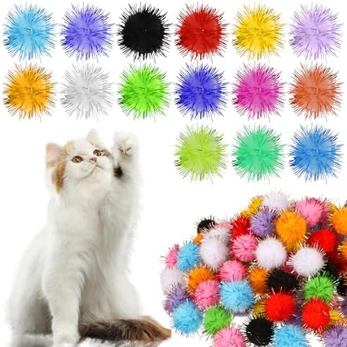 100 Pcs Cat Pom Pom Balls, 1 Inch Cat Toy Sparkle Balls Soft Interactive Cats Puff Ball Toys for Indoor Exercise Playing Entertainment and Crafts (Multicolor)