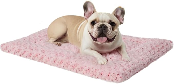 Exsnugy Washable Dog Bed Mat Medium Size Fluffy Pet Crate Pad 36x23 | Non-Slip Bottom Kennel Beds Ultra Soft Comfy Sleeping Mattress for Large Medium Small Dogs Pink