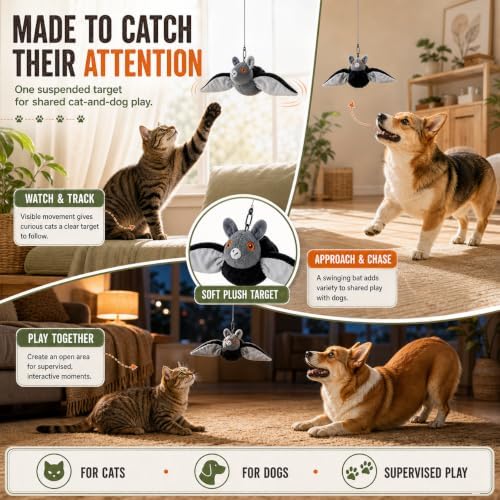 Flying Bat Pet Toy for Cats & Dogs, Electric Sound Toy with Hanging Line