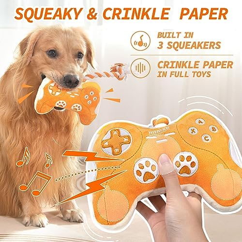 MTERSN Plush Dog Toy with Crinkle Paper for Puppy Birthday Gift, Yellow
