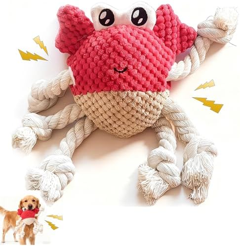 Plush Squeaky Crab Dog Toy with Rope Legs - 5.5''X9.5'' Durable Dog Chew Toy for Small Dogs | Built-in Whistle Sounds | Teeth Cleaning | Interactive Dog Toys （RED）
