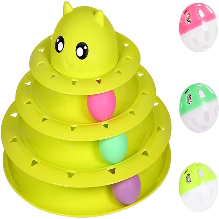 Catstages Tower, Interactive 3-Tier Cat Track Toy with 6 Spinning Balls in Box, Cat Fun Durable Toy, for All Breed of Cats, Catty Self-Entertainment Toys, Green