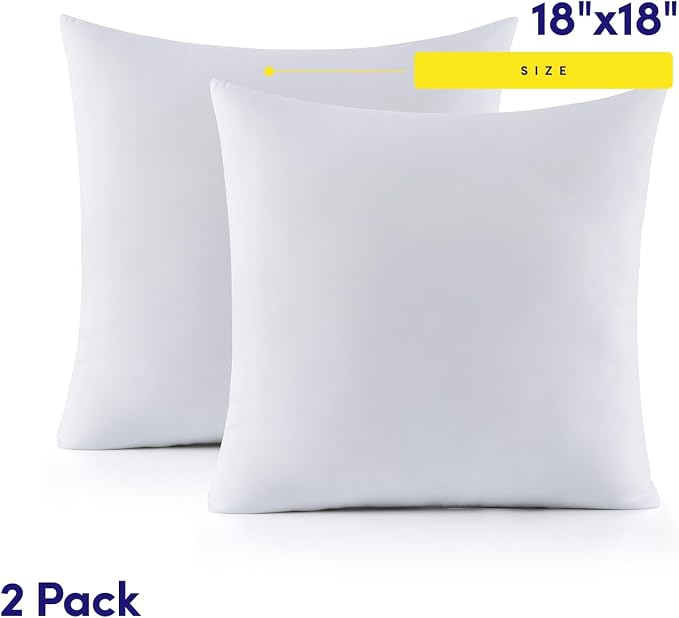 18X18 Pillow Inserts - Throw Pillow Set - Cushion Inserts for Decorative Throw Pillows Covers - Soft & Supportive Pillows for Couch, Sofa, Bed, or Chair, 2 Pack - 18" x 18"