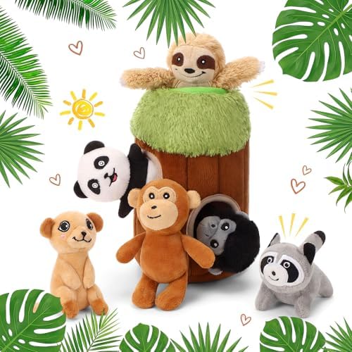 Skylety 7 Pieces Hide and Seek Dog Toys Activity Puppy Chew Squeaky Toys Plush Stuffing Woodland Stuffing with Squeakers for Small Medium Pets Dogs Puppy Gift(Funny,Small)