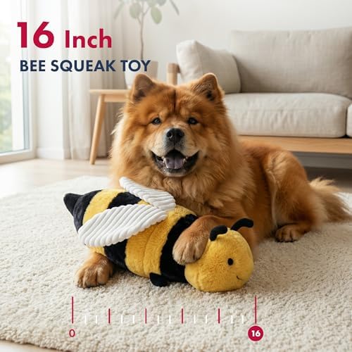 Pet Lou 16 Inch Bee Squeaky Dog Toy, Durable Plush Dog Toy with Crinkle Wings, Interactive Dog Toy for All Dogs, Farm Friends