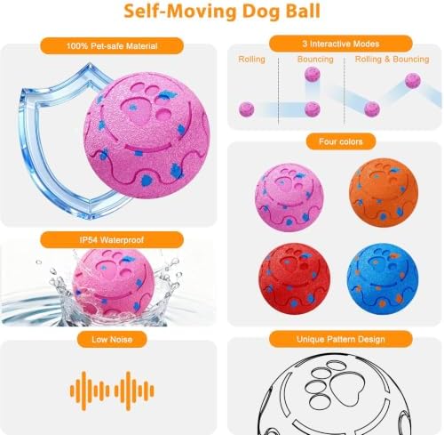 Interactive Dog Ball Toy, Automatic Moving & Rolling Dog Toy Motion Activated Smart Dog Toy Ball for M/L Dogs, USB Rechargeable, E-TPU Pet Toy for Indoor & Outdoor Dogs (Pink)