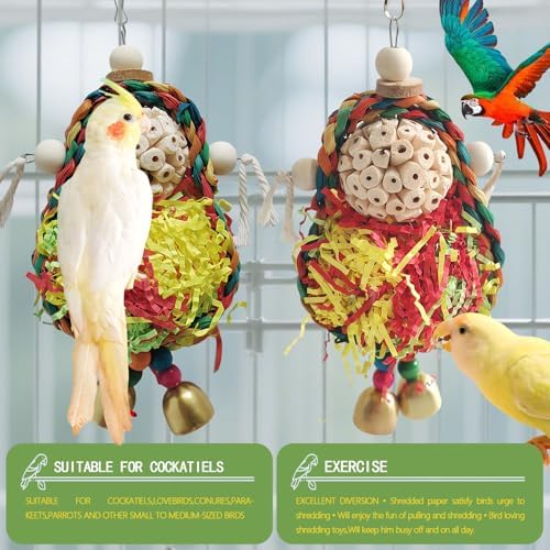 Wooden Bird Swing Toy with Rope Perch, Fish Shape, Hanging Cage Accessory for Parrots (Colorful, Swing and Ball)