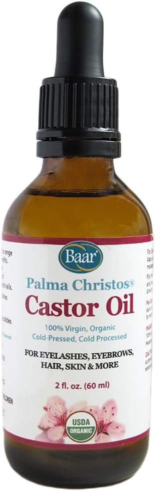 Baar Palma Christos Castor Oil, Organic, 100% Pure, Cold-Pressed, Hexane-Free Products. Helps with Conditions for Hair Growth for Eyebrows, Hair, and Eyelashes. Natural Hair Treatment Oil 2 oz.