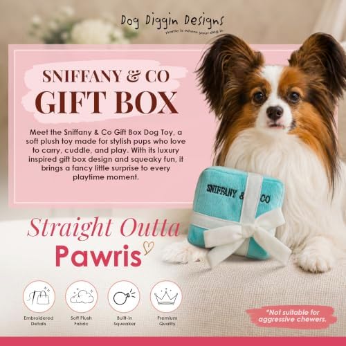 Dog Diggin Designs Sniffany & Co Large Plush Dog Toy Box | Luxury-Inspired Parody Designer Gift Box with Built-in Squeaker, Soft Plush Interactive Dog Toy – Thinking Outside The Box!