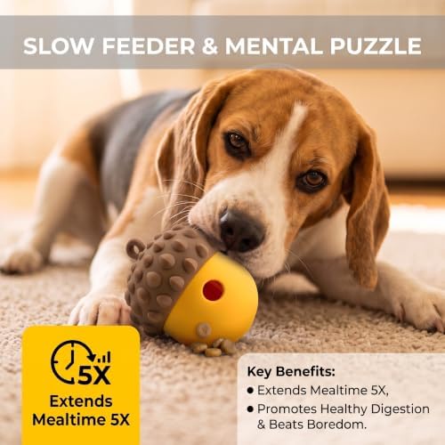Dog Toy Treat Dispenser, Slow Feeder Puzzle (Orange-Yellow) | 2-in-1 slow feeder & freezable lick toy. Twist-open 2-piece easy clean. Food-grade silicone for small & medium dogs.