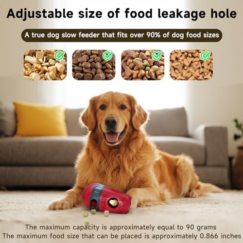 Dog Puzzle Toy Dog Bully Stick Holder Safety Device and Adjustable Treat Dispensing Ball Food Dispenser Tough Slow Feeder Puppy Enrichment Training Toy Pet Interactive Chase Toys for Dogs (Red)