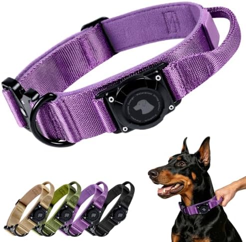 Tactical AirTag Dog Collar with Holder for Medium Large Dogs, Purple, L