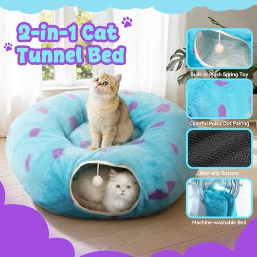 Cat Tunnel Bed for Indoor Cats, Cute Cat Tunnel Toy with Washable Cushion, Fits Cats up to 25 lbs, Peekaboo Cave Pet Bed for Kittens, Rabbits, Blue Purple Donut