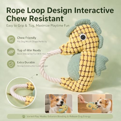 Seahorse Dog Plush Squeaky Toy with Rope Loop (Seehorse)