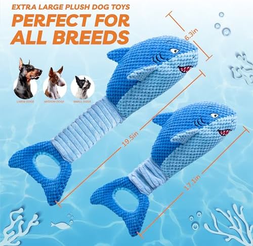 LEGEND SANDY Squeaky Dog Toys for Large Dogs – Interactive Plush Shark Toy with Crinkle & Tug of War Tail, Puppy Chew Toys for Small Medium Large Breeds