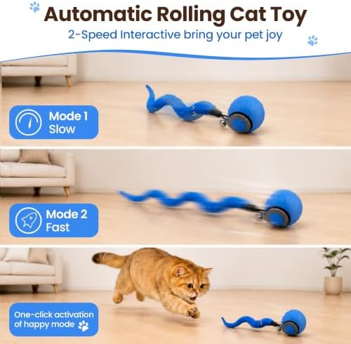 Rolling Cat Toy, 2-Speed Interactive Ball with Sound & 3 Replaceable Tails for Indoor Cats (Blue&Orange)