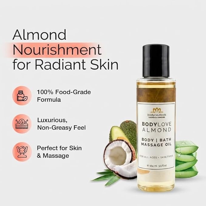 Almond BodyLove Massage Oil – 100% Food-Grade, Organic Hydrating Body Oil with Calendula – Non-GMO, Vegan, Gentle on Sensitive Skin – 3.5 oz