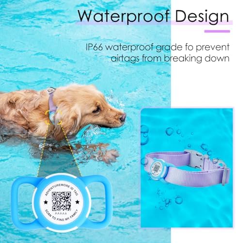 ADVENTUREMORE Airtag Dog Collar with Smart ID QR Code Airtags Holder: Prevents Dogs from Getting Lost at Night, Displays Owner and Pet Details. Waterproof, Durable, Adjustable, Thick-Purple-L