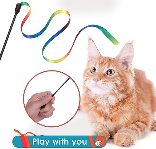 Amaxiu Cat Wand Toy Set, Interactive Cat Wand Toy with Rainbow Ribbon String, Leopard Print Cloth String for Small Cats Kittens Indoor Training Catcher (3 Packs)