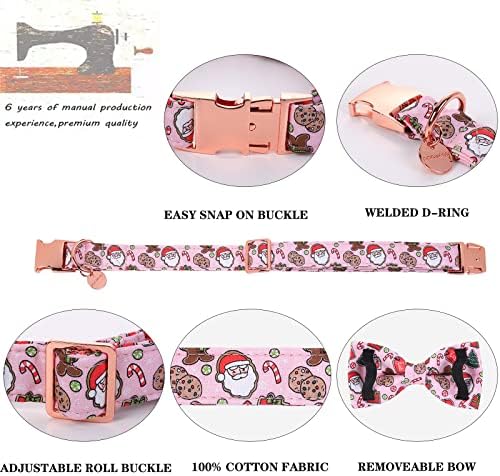 DOGWONG Christmas Dog Collar with Sailor Bow, Pink Santa Claus Dog Collar Soft Durable Adjustable Cotton Cute Girl Puppy Collar for Small Medium Large Dog