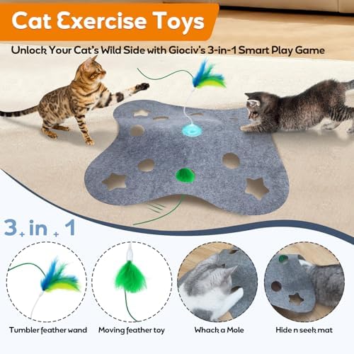 Giociv Interactive Cat Toys for Indoor Cats Exercise Toys Spin Feather Wand Tumbler Base, Touch Activate Mode Peek-A-Boo Felt Cover Toy Rechargeable