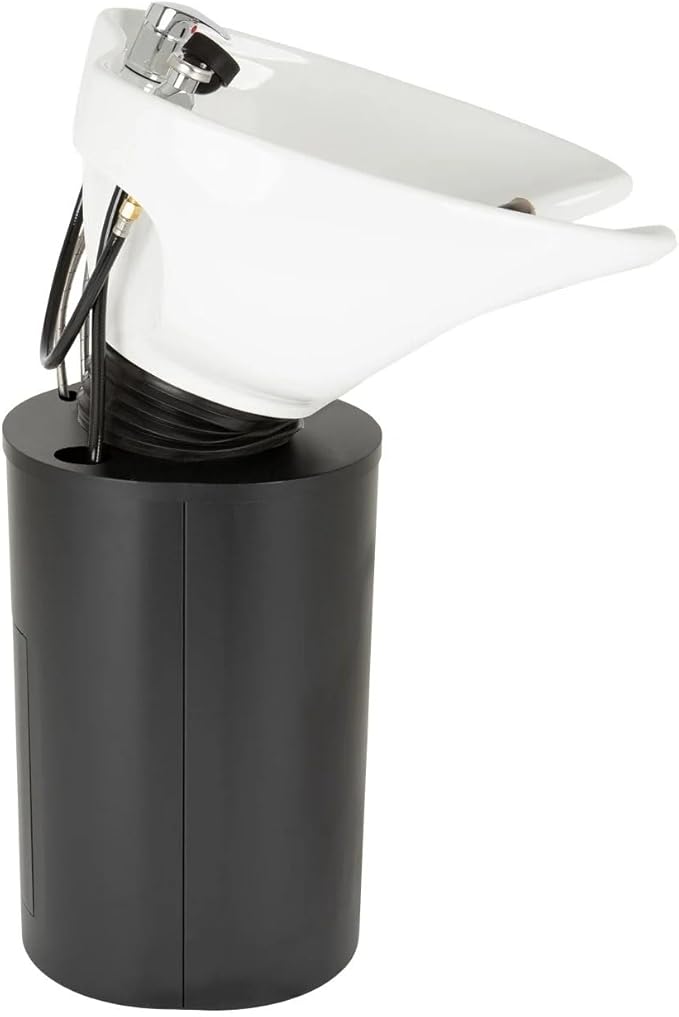 Buy-Rite Paris Pedestal Shampoo Unit with Black Metal Base with Tilting Porcelain Shampoo Bowl, Easy Access Rear Plumbing Door, NIN-030BLACKBASE-WHT (White Bowl)