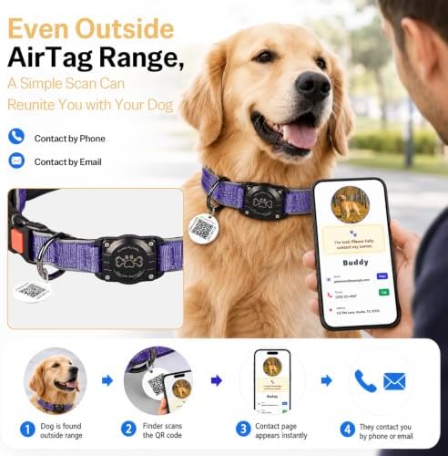 Geamen Dog Collar for Airtag Waterproof QR Code Reflective Collar(Purple,M | Built-in Waterproof Holder, QR Code Tag, Reflective,Secure Buckle