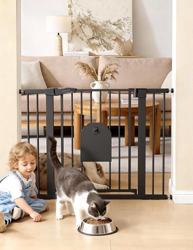 Babelio Auto Close Dog Gate with Cat Door, CatPrivilege I, 29-43" | Safety Gate for Doorway & Stairs, Easy Walk Thru with Pet Door, Includes 4 Wall Cups and 3 Extension Pieces, Black