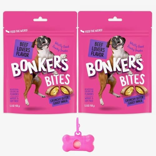 Bonkers Bites Beef Lovers Flavored Dog Treats with Bone Shaped Waste Bag Dispenser & Free Roll (Pack of 2)