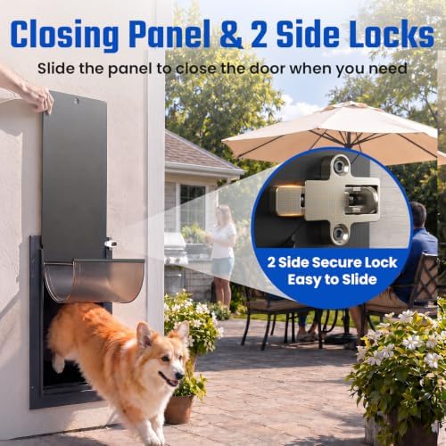 Doggy Door, All Aluminum Dog Door for Wall, Medium Doggie Pet Door, with Closing Panel, 2 Magnetic Flaps Energy Efficient, Wide Telescoping Tunnel for Interior & Exterior Walls, Pet Up to 45Lbs Black | 2 Magnetic Flaps, Energy Efficient, Wide Telescopi...