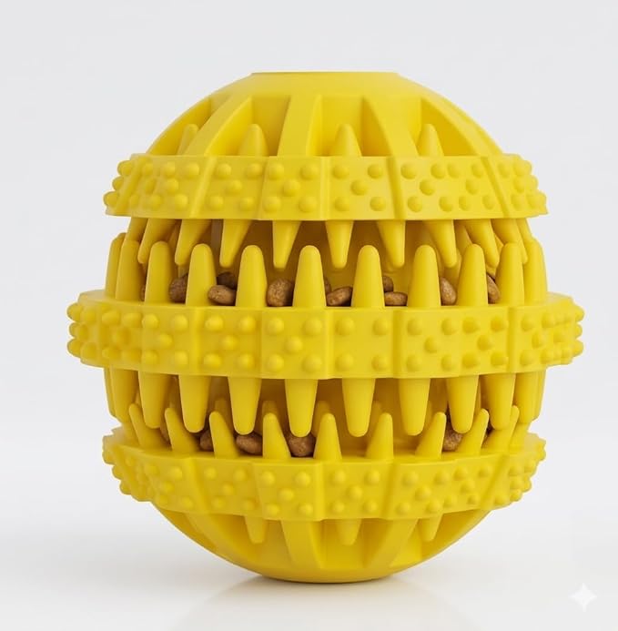 Rubber Dog Chew Toy Ball, Blue and Yellow, Bite-Resistant, Interactive Teeth Cleaning, Hidden Food Treat Dispenser for Dogs (Yellow)
