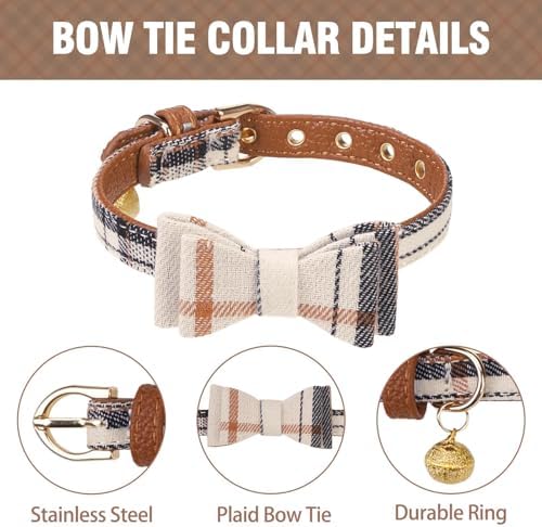 KOOLTAIL Small Dog Collar and Leash Set with Bowtie and Bells - Cute Shirt Style Puppy Bandana Collar and Leash for Male with Classic Plaid Pattern,Soft Leather Leashes for Small Dogs Boys Girls,Beige