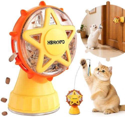 Interactive Cat Treat Dispenser - Ferris Wheel Feeder & Teaser Wand | Cat Puzzle Feeder | Stable Suction Base Design | Adjustable Treat Opening | Hunting Instinct Stimulation | Exercise