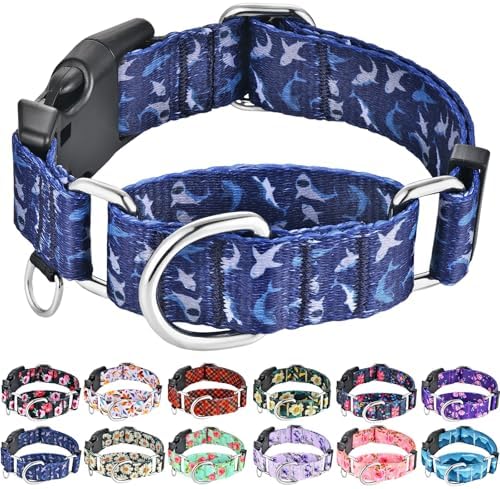 Martingale Collar for Dogs with Buckle Shark Dog Collar Adjustable Soft Nylon Boy Dog Collars for Extra Large Dogs, Deep Blue Shark