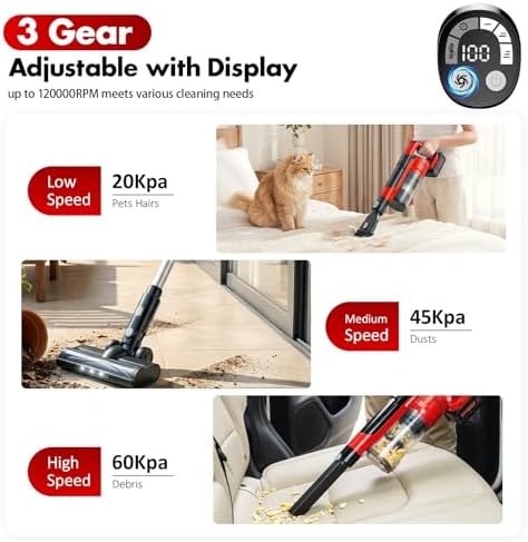 Cordless Vacuum Cleaners for Home with 2*Battery 8000mAh, Brushless Rechargeable Stick Vacuum with 3 Mode, 6 In 1 Portable Handheld Cordless Vacuum for Pet Hair /Hardwood Floor/Dorm/Carpet (Red)