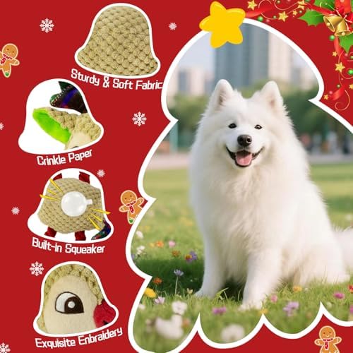 Christmas Dog Toy, Squeaky Toys with Crinkle Paper, Interactive Plush Puppy Chewer Dog Toys, Cute Rope Reindeer Hours of Fun, Gifts for Small, Middle Large Breed