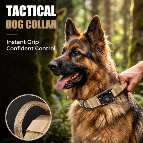 Tactical AirTag Dog Collar with Holder for Medium Large Dogs, Khaki, M