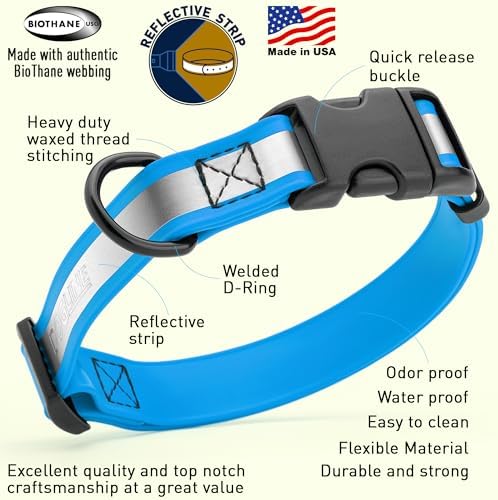 Dogline BioThane Reflective Dog Collar – Waterproof Heavy Duty Dog Collars – High Visibility Quick Release Dog Collar with Sturdy Buckle – Fun Modern Colors – Comfortable and Safe