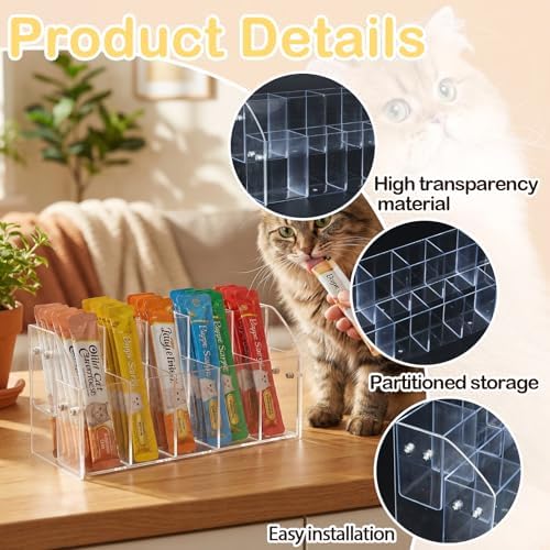 Cat Treat Holder Organizer, 2 Tier 10 Compartment Clear Acrylic Storage Rack for Lickable Wet Treats, Countertop Display Stand for Pet Tubes and Squeeze Up Pouches