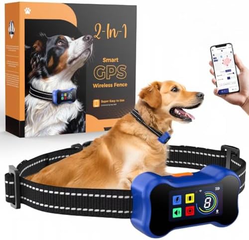 GPS Wireless Dog Fence with Free App, Electric Fence System with Training, Portable Fence for Outdoor Use, Rechargeable Waterproof Flexiable Adjustable for Large Medium Dogs (Blue)