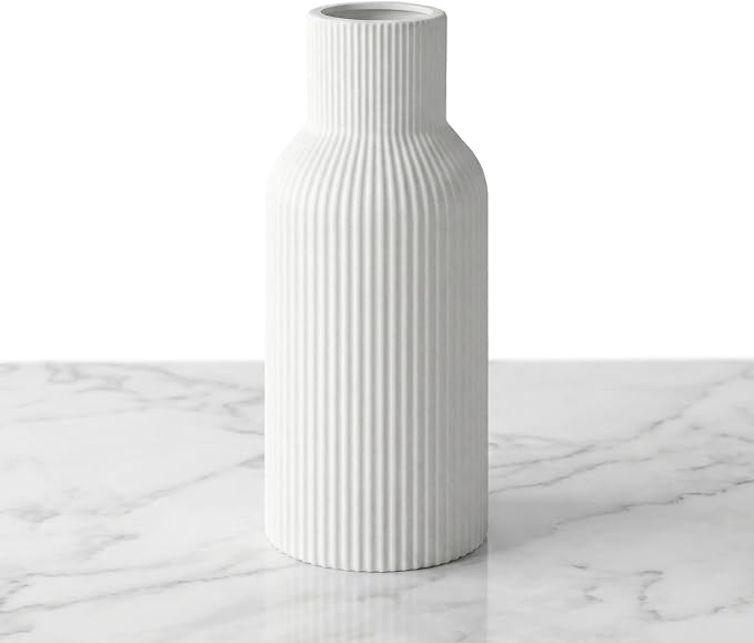 White Ceramic Vase, Modern Matte Ribbed Flower Vase for Pampas Grass, Fresh & Dried Flowers, Waterproof Decorative Home Decor for Living Room, Coffee Table, Bookshelf & Entryway
