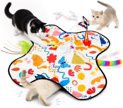 Interactive Cat Toys for Indoor Cats, 3 in 1 Hide and Seek Cat Toy with Moving Feather and Fluttering Butterfly, Rechargeable Touch Activated Automatic Kitten Toy, Squeaky Sound, 3 Modes
