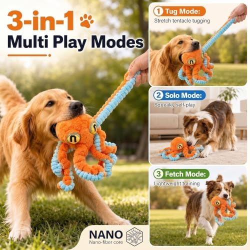 Squeaky Dog Plush Chew Toy, Interactive Tug Squeaky Toy for Chewers, Medium & Large Dogs & Fetch Play, 19.7 Inch Stuffed Octopus Toy with Flexible Spring Tentacles for Gentle Gum Care & Boredom Relief
