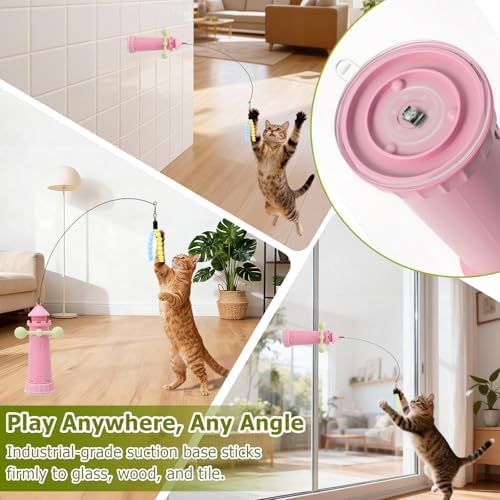 Interactive Cat Toys for Indoor Cats, Windmill Feather Cat Teaser Wand, Bouncy Kitten Toys with Strong Suction Cup Base for Bored Felines & Self-Played Enrichment Pink