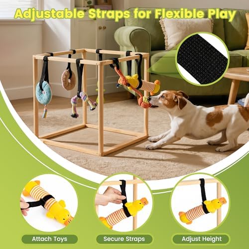 Puppy Play Gym for Small Dogs, Wooden Indoor Dog Playground with Hanging Toys, Interactive Puppy Gym & Jungle Gym for Enrichment, Agility Equipment (17.3 inch)